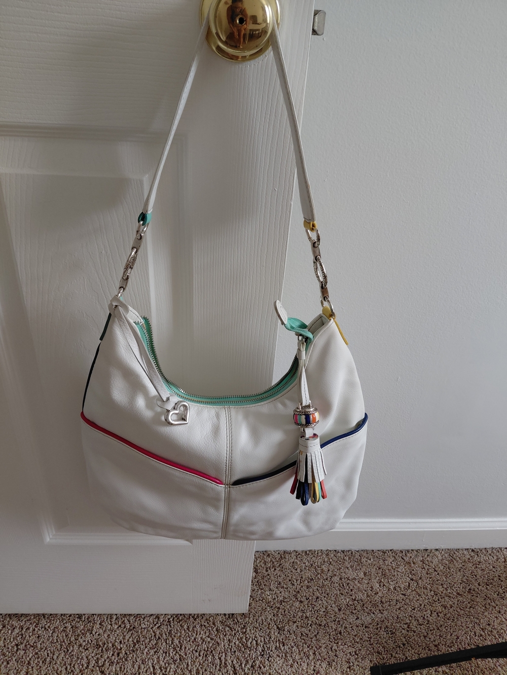 Brighton White Shoulder Bag with Multicolor Trim and Tassel